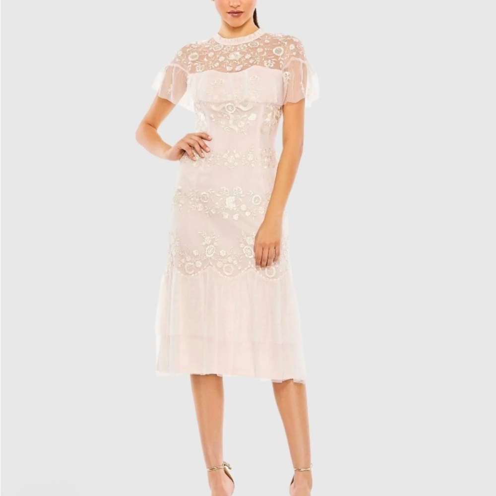 Mac Duggal Pink High Neck Mesh Tier Embroidered Dress Homecoming Wedding prom